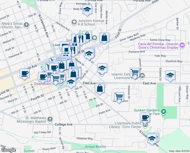 map of restaurants, bars, coffee shops, grocery stores, and more near 506 Maple Street in Livermore