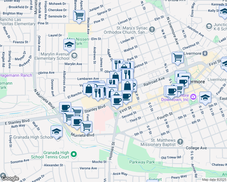 map of restaurants, bars, coffee shops, grocery stores, and more near 1456 Railroad Avenue in Livermore