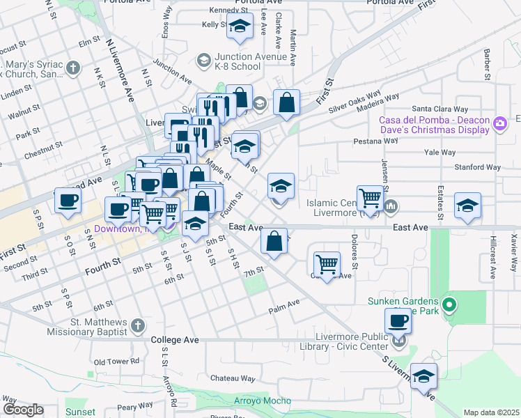 map of restaurants, bars, coffee shops, grocery stores, and more near 507 Maple Street in Livermore