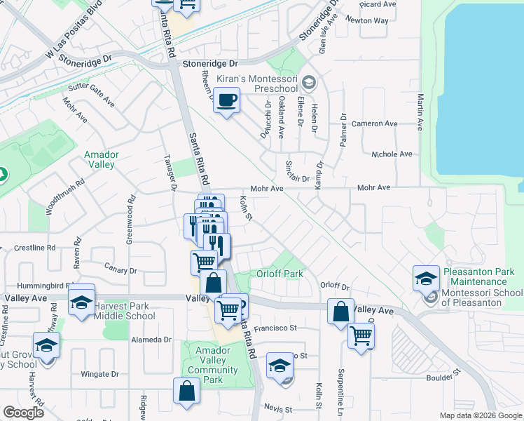 map of restaurants, bars, coffee shops, grocery stores, and more near 2050 Cotterell Court in Pleasanton