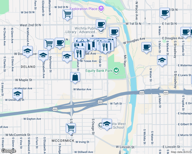 map of restaurants, bars, coffee shops, grocery stores, and more near 305 South Oak Street in Wichita