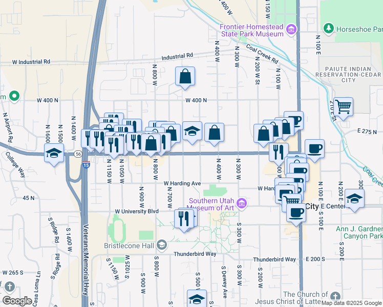 map of restaurants, bars, coffee shops, grocery stores, and more near 550 West 200 North in Cedar City