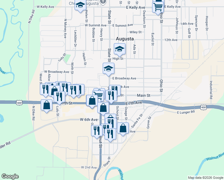 map of restaurants, bars, coffee shops, grocery stores, and more near 116 East Clark Avenue in Augusta