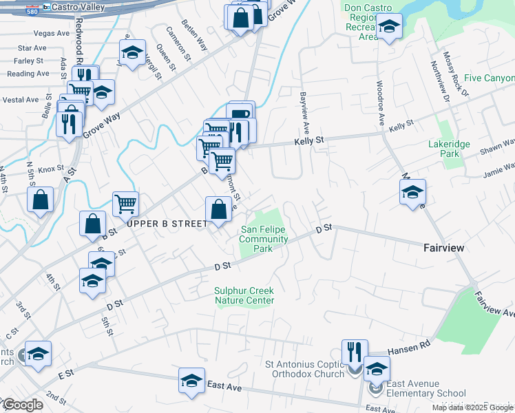 map of restaurants, bars, coffee shops, grocery stores, and more near 22815 Vermont Street in Hayward