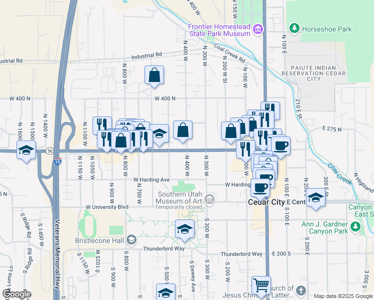 map of restaurants, bars, coffee shops, grocery stores, and more near 200 North 400 West in Cedar City