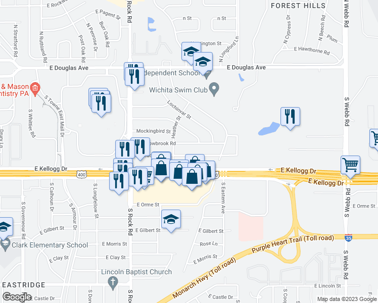 map of restaurants, bars, coffee shops, grocery stores, and more near 8220 East Peach Tree Lane in Wichita