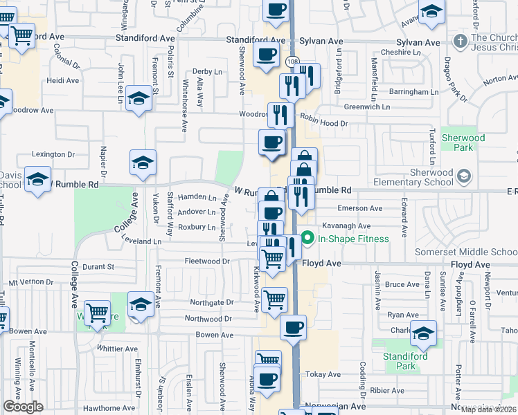 map of restaurants, bars, coffee shops, grocery stores, and more near 220 West Rumble Road in Modesto