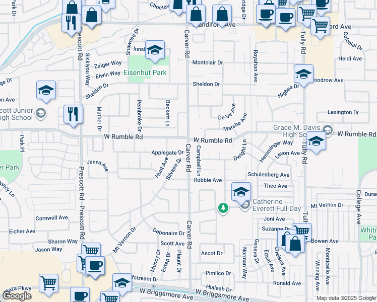 map of restaurants, bars, coffee shops, grocery stores, and more near 1706 West Rumble Road in Modesto
