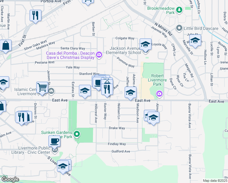 map of restaurants, bars, coffee shops, grocery stores, and more near 721 Hayes Court in Livermore