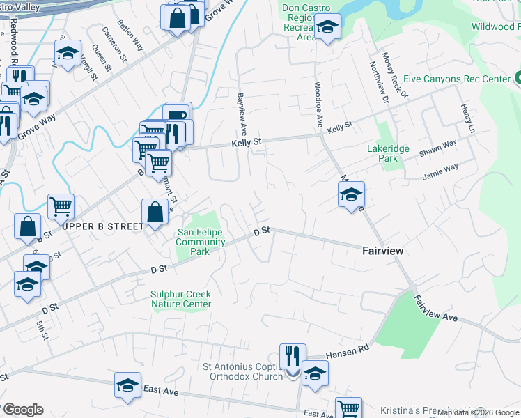 map of restaurants, bars, coffee shops, grocery stores, and more near 23093 Mansfield Avenue in Hayward