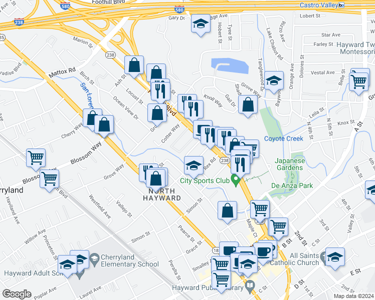 map of restaurants, bars, coffee shops, grocery stores, and more near 21701 Foothill Boulevard in Hayward