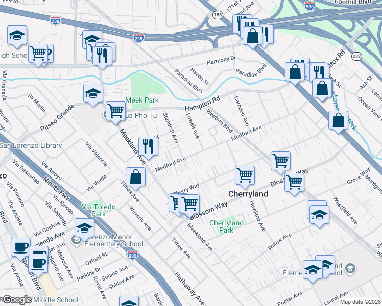 map of restaurants, bars, coffee shops, grocery stores, and more near 19237 Lowell Avenue in Hayward