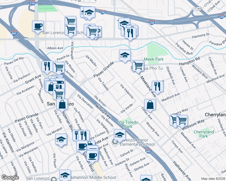 map of restaurants, bars, coffee shops, grocery stores, and more near 61 Via Linares in San Lorenzo