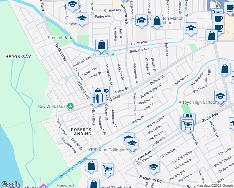 map of restaurants, bars, coffee shops, grocery stores, and more near 15393 Inverness Street in San Leandro