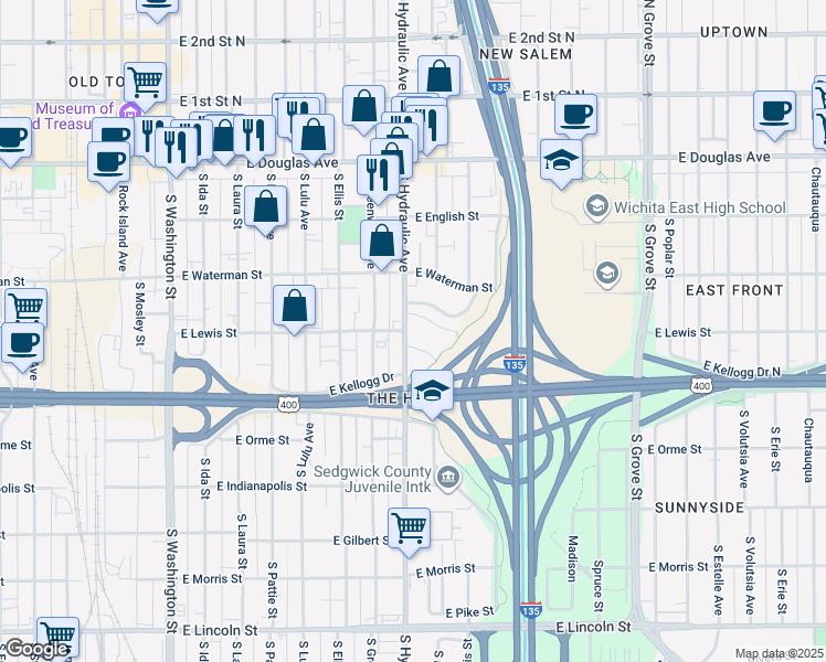 map of restaurants, bars, coffee shops, grocery stores, and more near in Wichita
