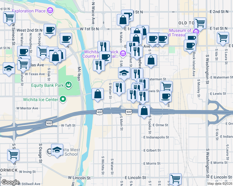 map of restaurants, bars, coffee shops, grocery stores, and more near in Wichita