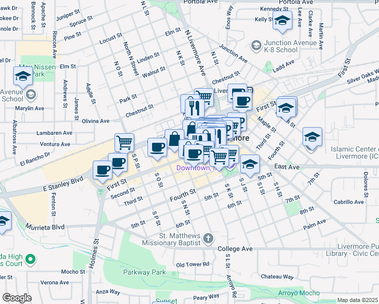 map of restaurants, bars, coffee shops, grocery stores, and more near 1-99 S L St in Livermore