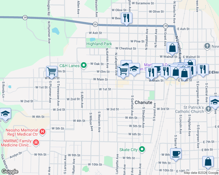 map of restaurants, bars, coffee shops, grocery stores, and more near 1-99 S Lafayette Ave in Chanute
