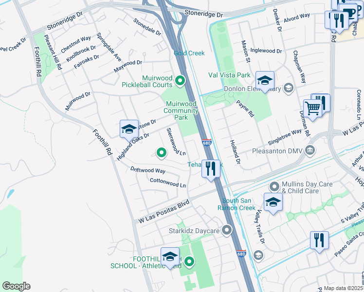 map of restaurants, bars, coffee shops, grocery stores, and more near 4504 Muirwood Drive in Pleasanton