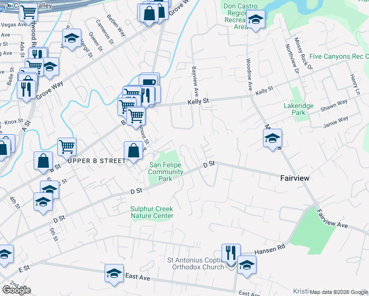 map of restaurants, bars, coffee shops, grocery stores, and more near 2176 Dexter Court in Hayward