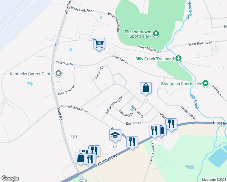 map of restaurants, bars, coffee shops, grocery stores, and more near 409 Hanover Street in Elizabethtown