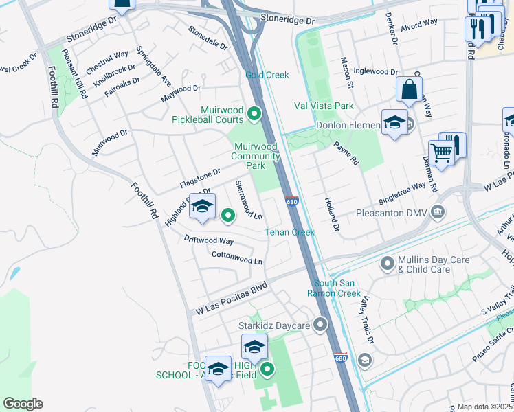 map of restaurants, bars, coffee shops, grocery stores, and more near 4504 Muirwood Drive in Pleasanton