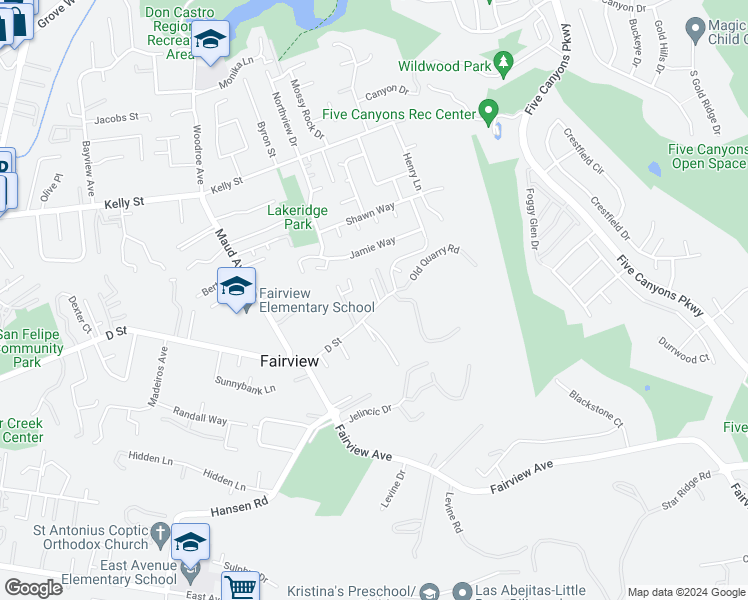 map of restaurants, bars, coffee shops, grocery stores, and more near 3322 D Street in Hayward