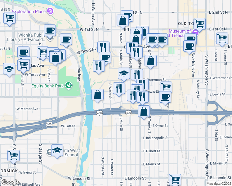 map of restaurants, bars, coffee shops, grocery stores, and more near 515 South Main Street in Wichita