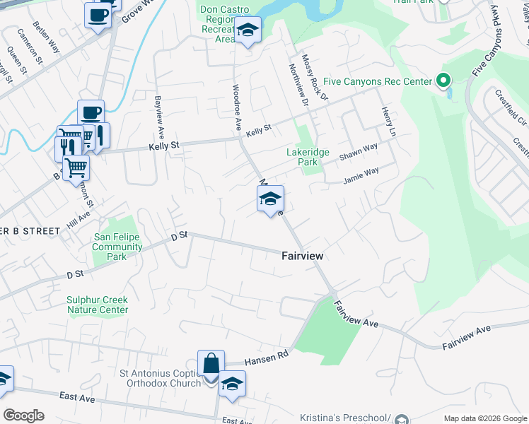 map of restaurants, bars, coffee shops, grocery stores, and more near 2875 Romagnolo Street in Hayward