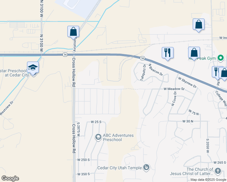 map of restaurants, bars, coffee shops, grocery stores, and more near 203 Strathmore Lane in Cedar City