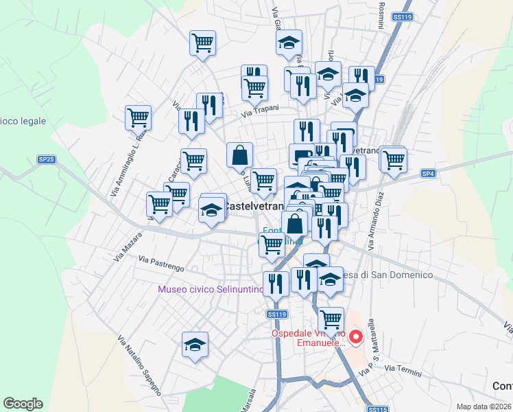 map of restaurants, bars, coffee shops, grocery stores, and more near 12 Piazza Diodoro Siculo in Castelvetrano