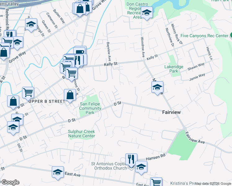 map of restaurants, bars, coffee shops, grocery stores, and more near 2326 D Street in Hayward