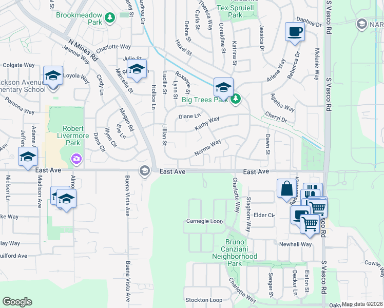 map of restaurants, bars, coffee shops, grocery stores, and more near 5222 Norma Way in Livermore