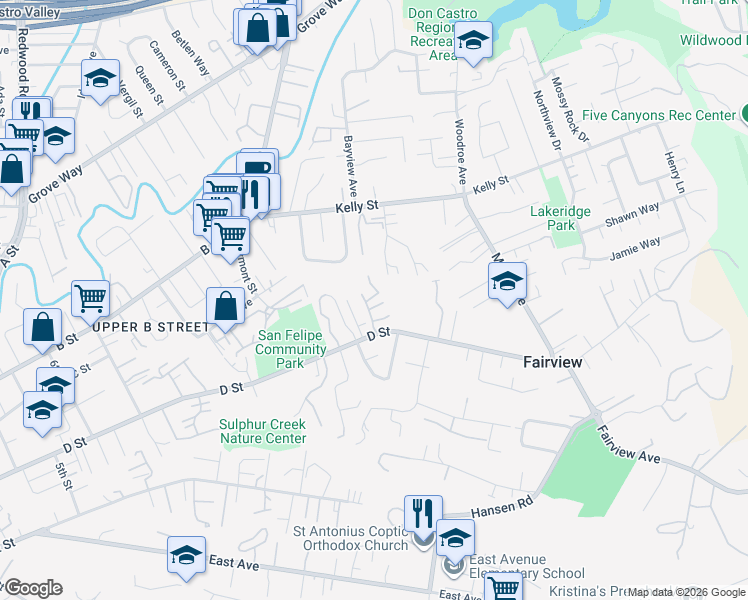map of restaurants, bars, coffee shops, grocery stores, and more near 23093 Mansfield Avenue in Hayward