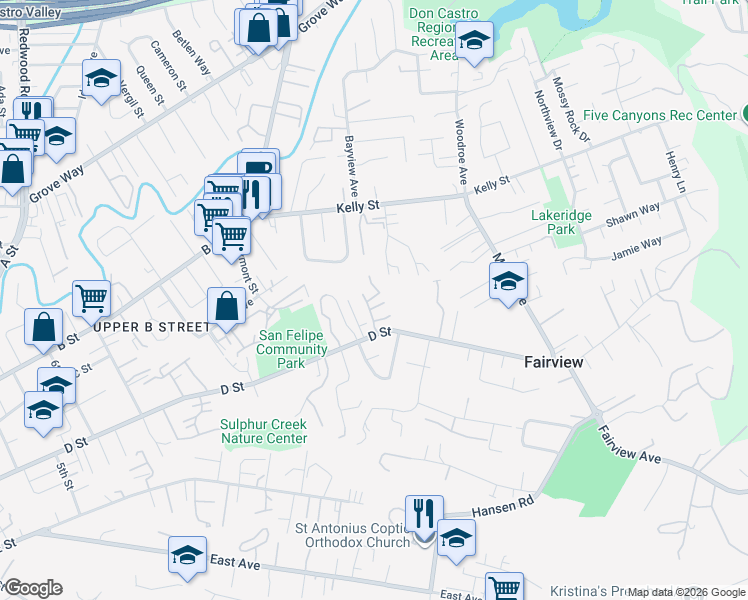 map of restaurants, bars, coffee shops, grocery stores, and more near 2326 D Street in Hayward