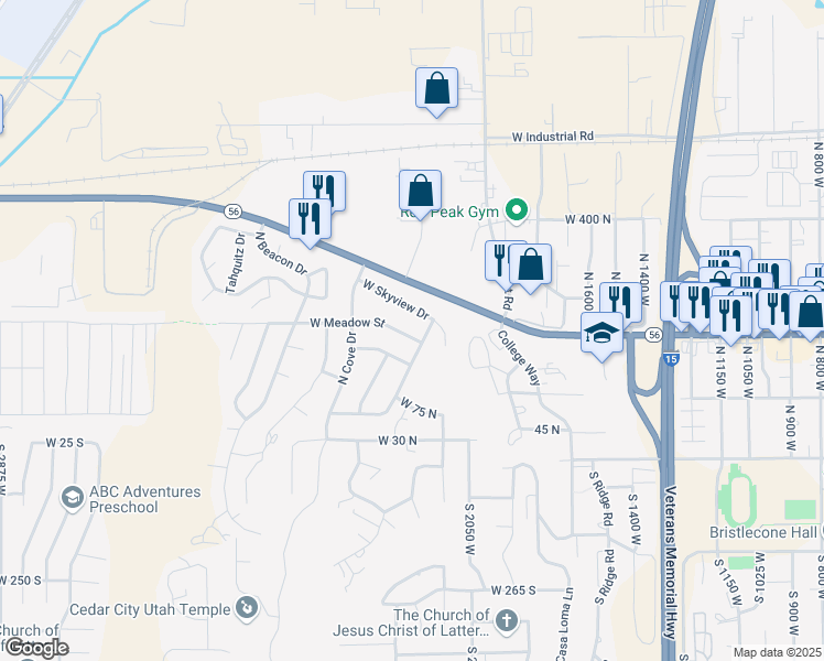 map of restaurants, bars, coffee shops, grocery stores, and more near 2171 West Skyview Drive in Cedar City