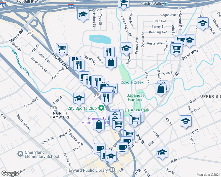 map of restaurants, bars, coffee shops, grocery stores, and more near 22140 Castille Lane in Hayward
