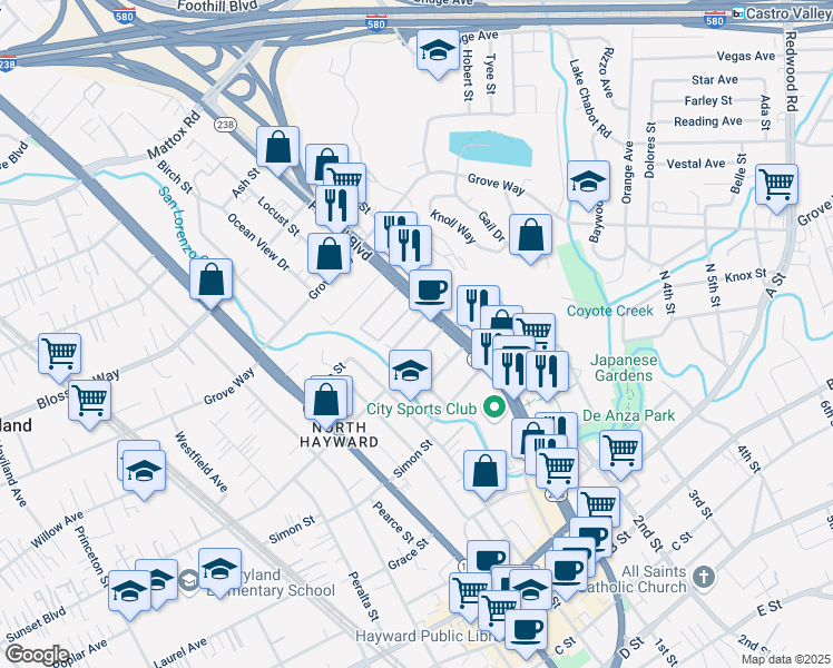 map of restaurants, bars, coffee shops, grocery stores, and more near 21799 Foothill Boulevard in Hayward