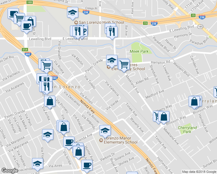 map of restaurants, bars, coffee shops, grocery stores, and more near 17453 Via Valencia in San Lorenzo