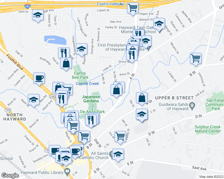 map of restaurants, bars, coffee shops, grocery stores, and more near 22442 Ruby Street in Castro Valley