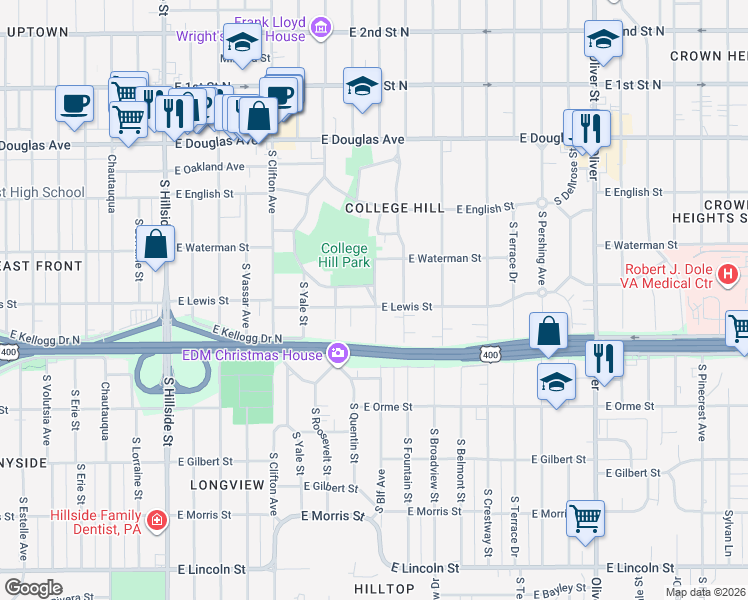 map of restaurants, bars, coffee shops, grocery stores, and more near 3772 South Circle Drive in Wichita
