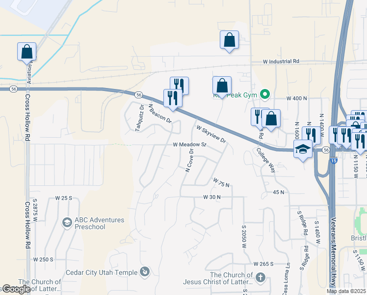 map of restaurants, bars, coffee shops, grocery stores, and more near 208 North Guidelight Drive in Cedar City