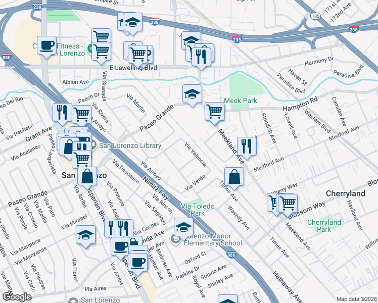 map of restaurants, bars, coffee shops, grocery stores, and more near 17453 Via Valencia in San Lorenzo
