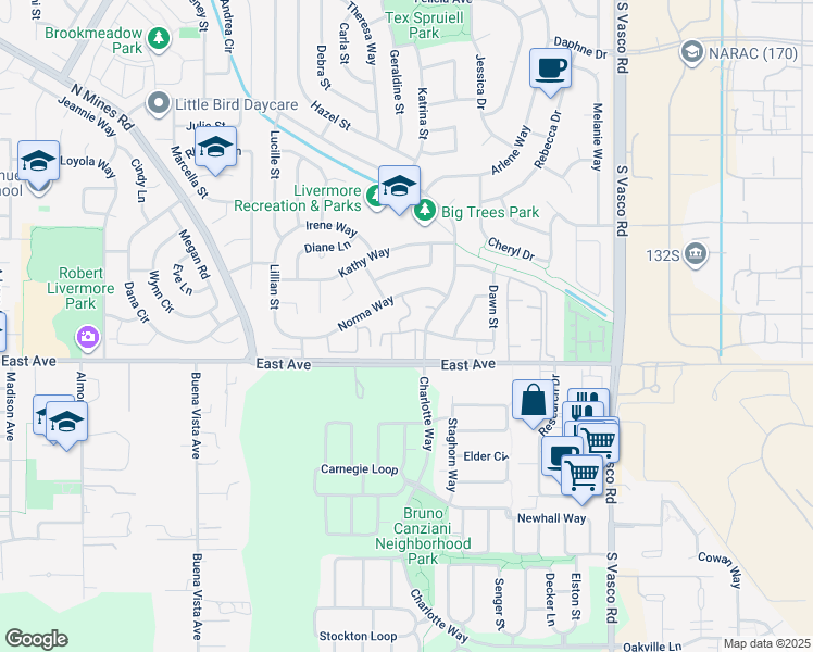 map of restaurants, bars, coffee shops, grocery stores, and more near 5643 Charlotte Way in Livermore