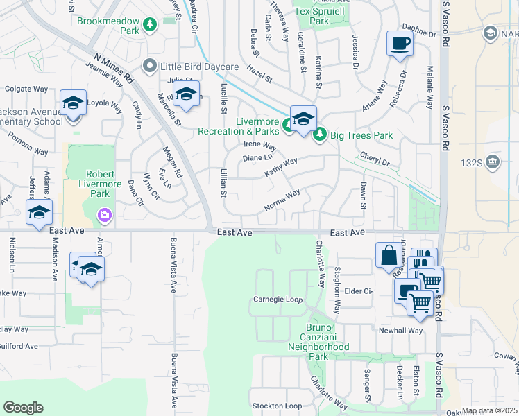map of restaurants, bars, coffee shops, grocery stores, and more near 1386 Kathy Court in Livermore
