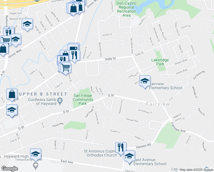 map of restaurants, bars, coffee shops, grocery stores, and more near 23093 Mansfield Avenue in Hayward