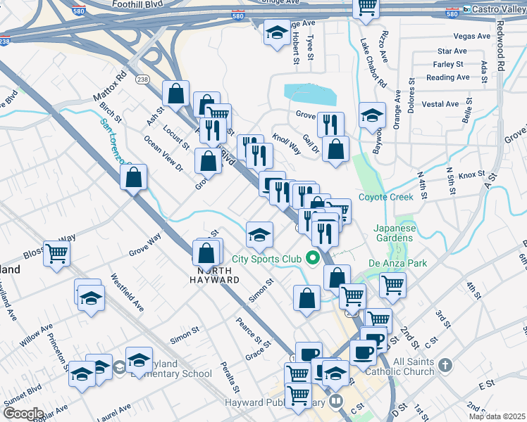 map of restaurants, bars, coffee shops, grocery stores, and more near 21799 Foothill Boulevard in Hayward