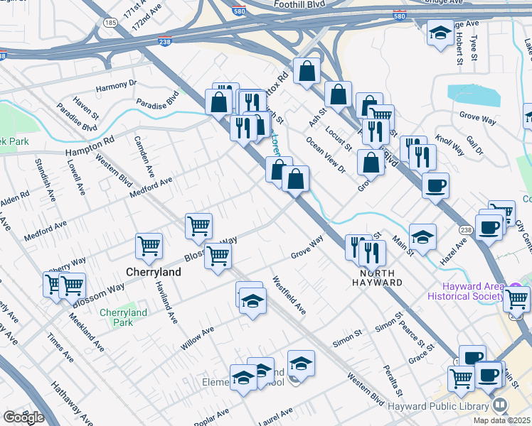 map of restaurants, bars, coffee shops, grocery stores, and more near 21270 Montgomery Avenue in Hayward