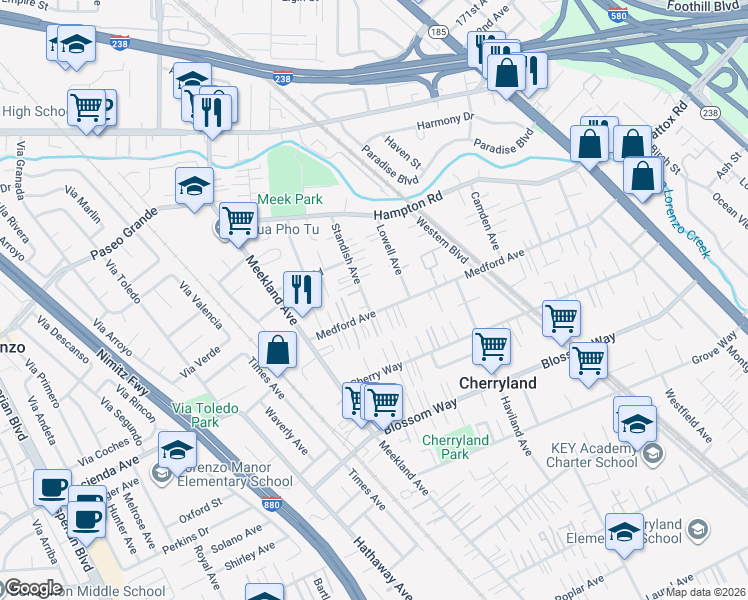 map of restaurants, bars, coffee shops, grocery stores, and more near 19037 Standish Avenue in Hayward