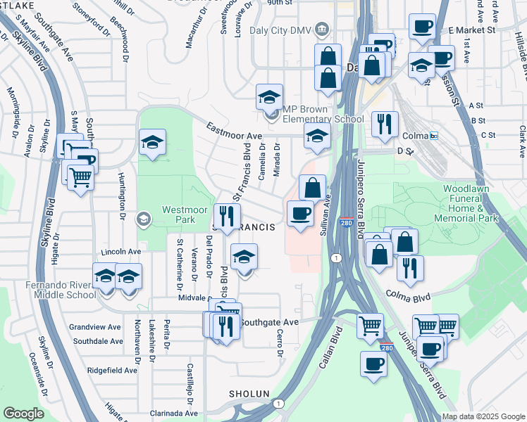 map of restaurants, bars, coffee shops, grocery stores, and more near 242 Alta Loma Avenue in Daly City
